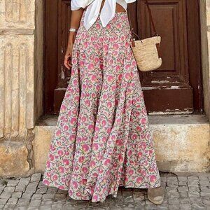 Pink Boho Women's Allover Print High Waist Wrap Around Wide Leg Pants